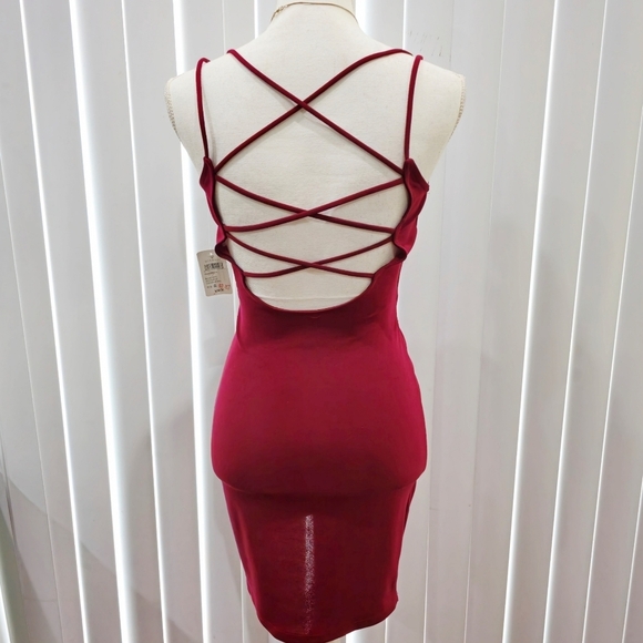 Windsor ✦ Open Back Burgundy Mini Dress ✦ Asymmetrical Wrap w/ Draped Bodycon S - Picture 5 of 17